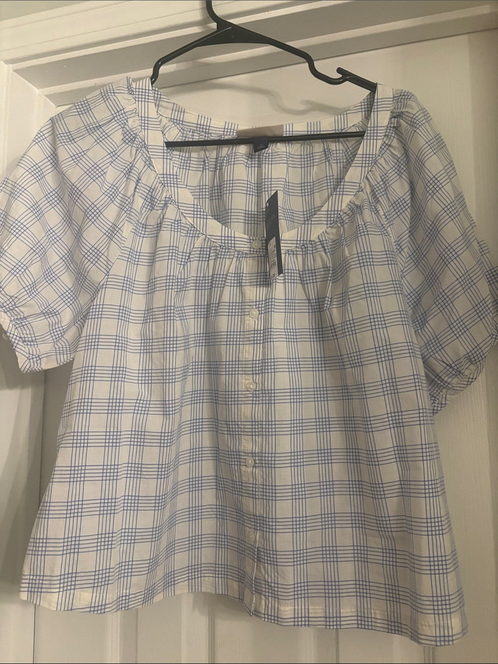 Blue & White Plaid Button-Front Women's Top